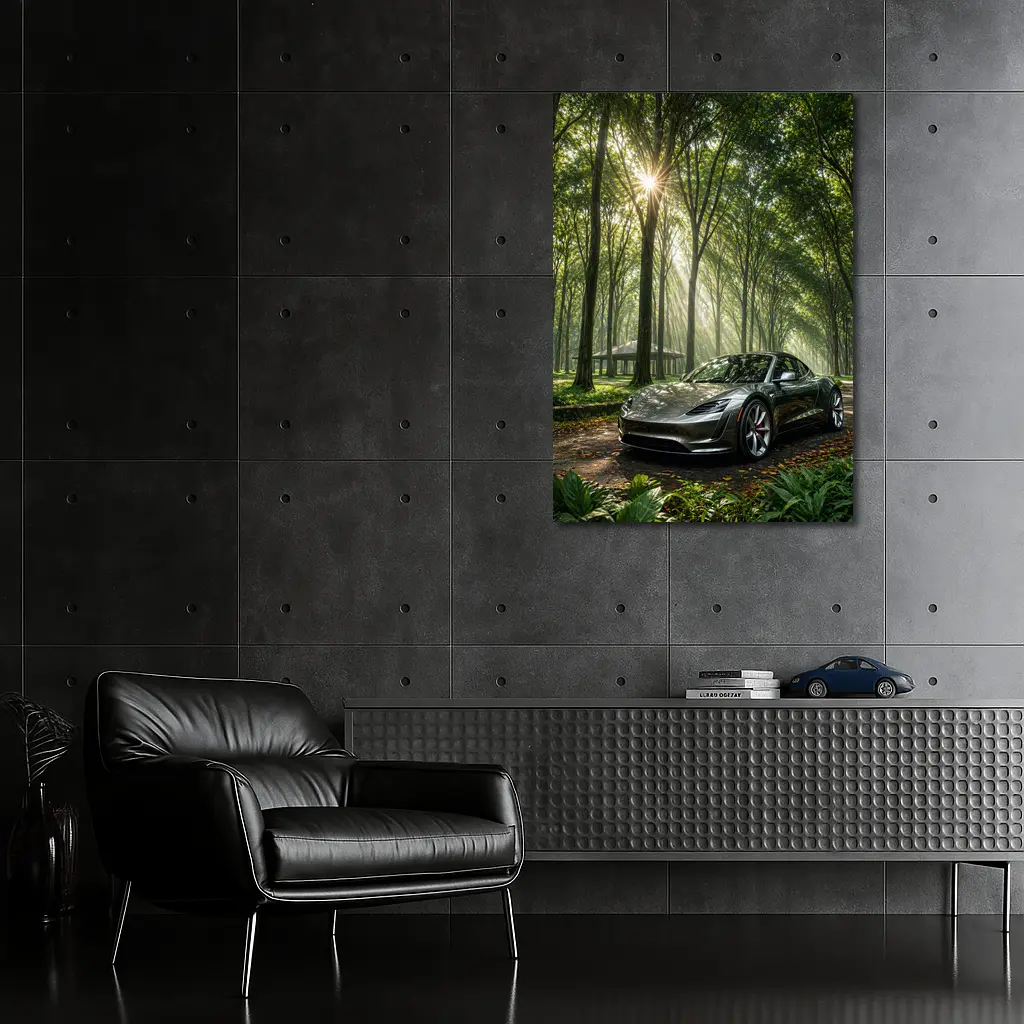 Tesla Roadster Silver Car Forest Sunlight – Wall Art