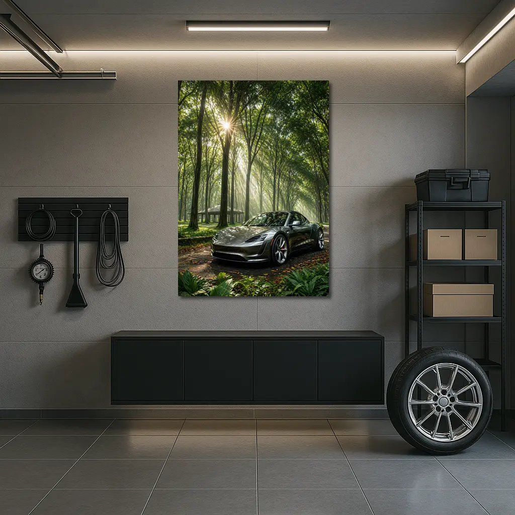 Tesla Roadster Silver Car Forest Sunlight – Wall Art
