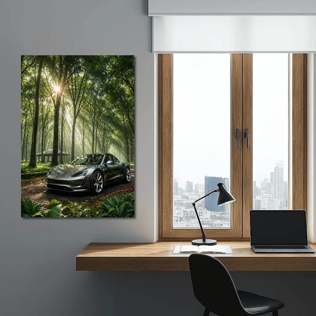 Tesla Roadster Silver Car Forest Sunlight – Wall Art
