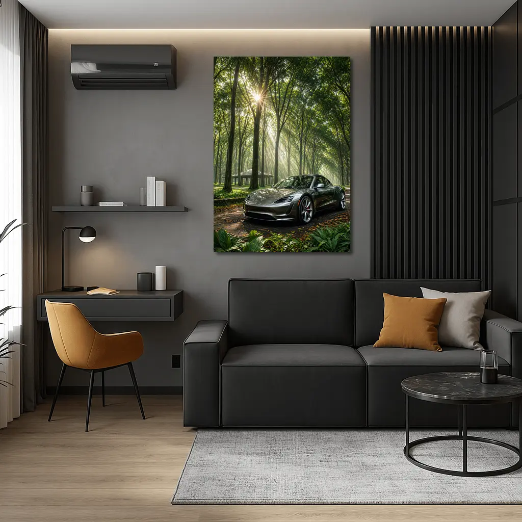 Tesla Roadster Silver Car Forest Sunlight – Wall Art