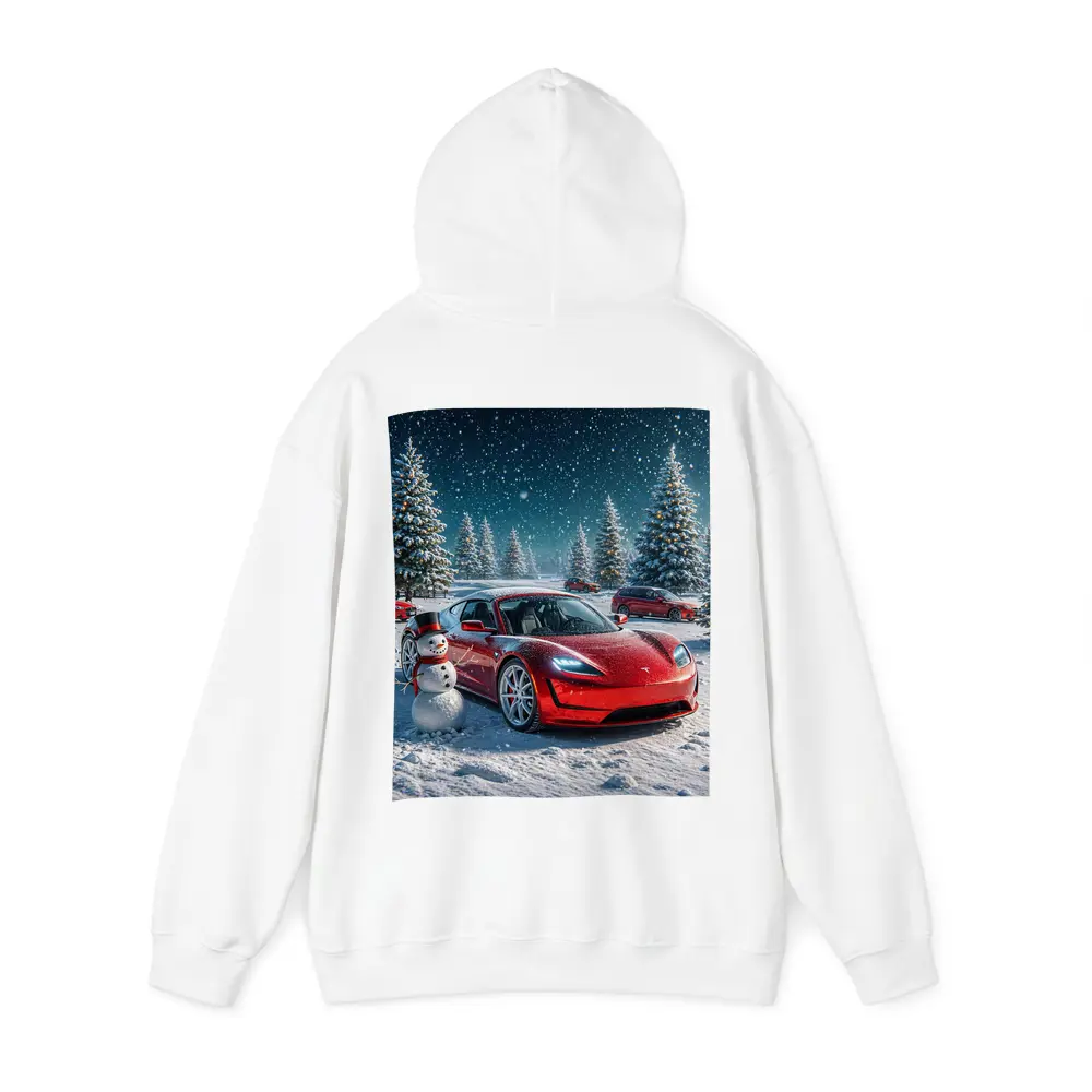 Tesla Roadster Red Car Winter Snow Scene – Hoodies