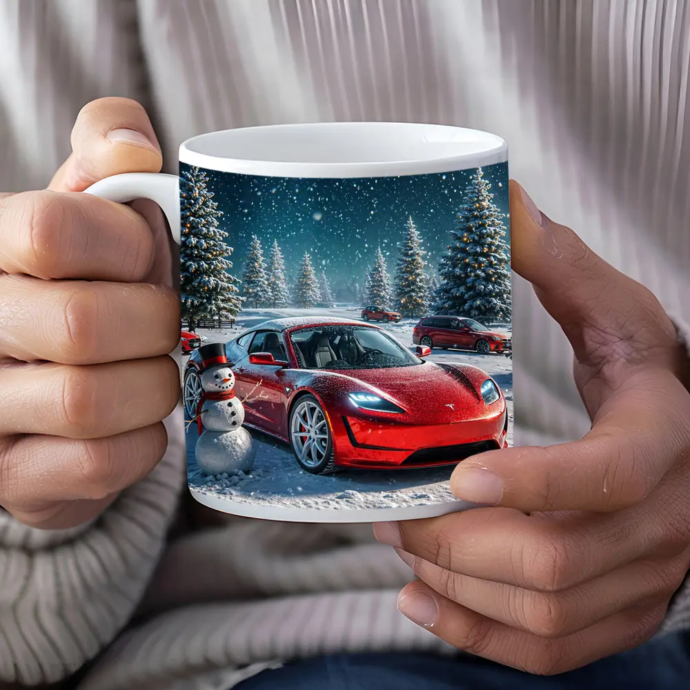 Tesla Roadster Red Car Winter Snow Scene – Mugs