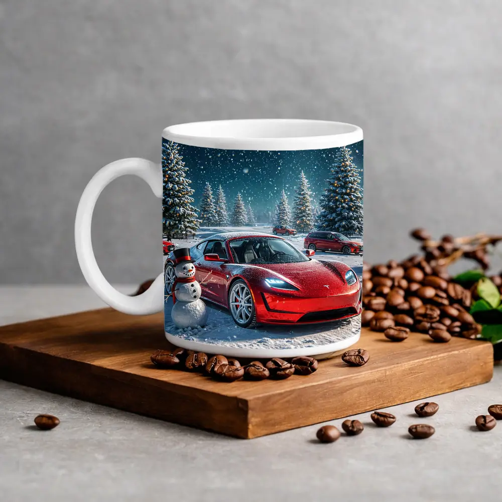 Tesla Roadster Red Car Winter Snow Scene – Mugs