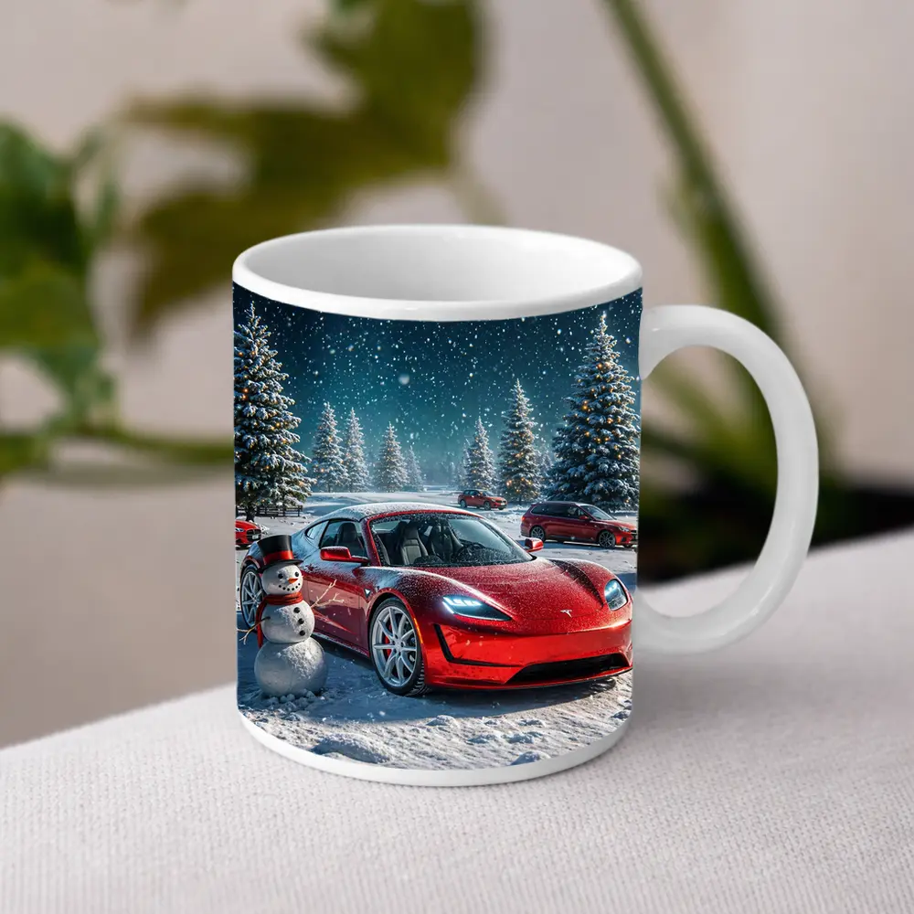 Tesla Roadster Red Car Winter Snow Scene – Mugs