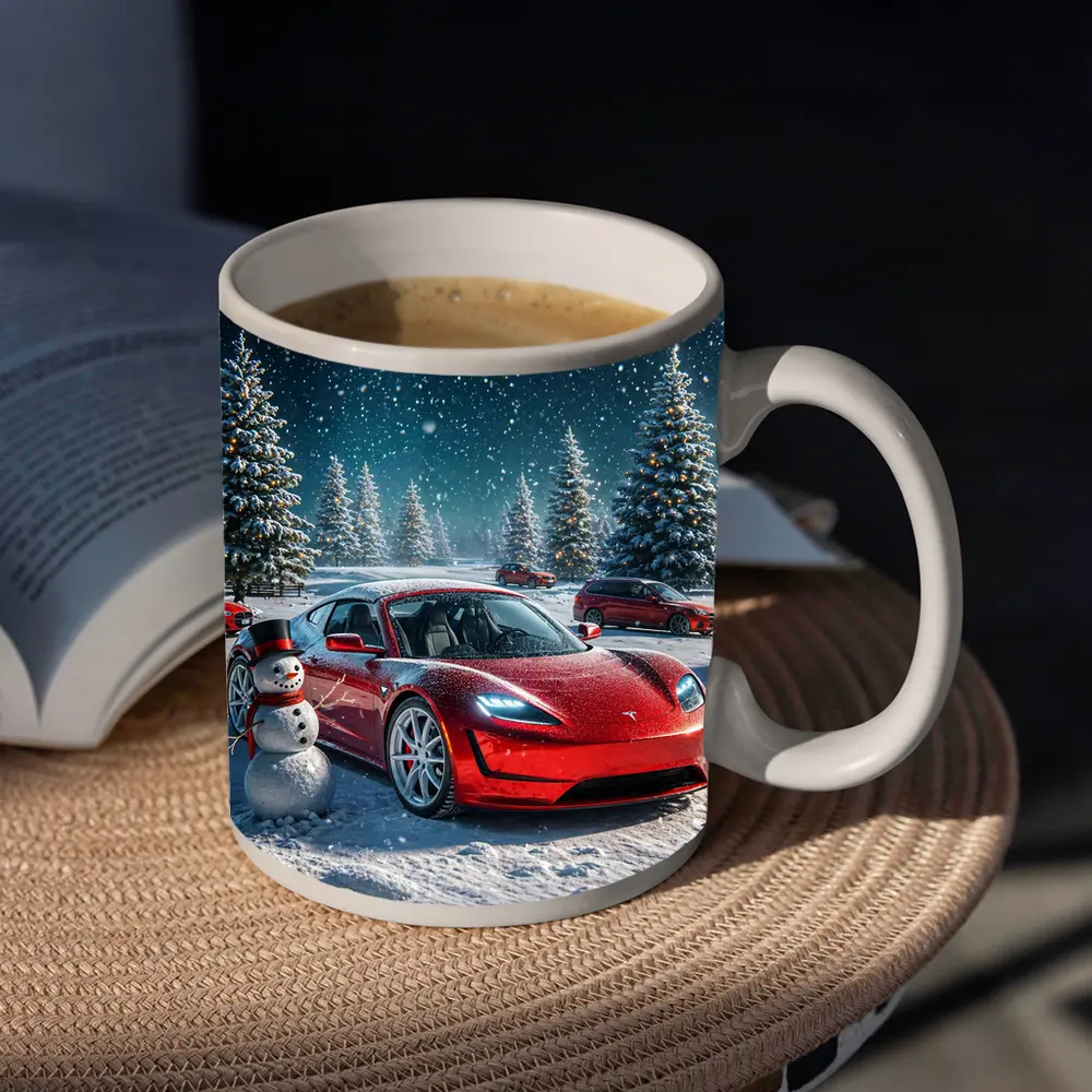 Tesla Roadster Red Car Winter Snow Scene – Mugs