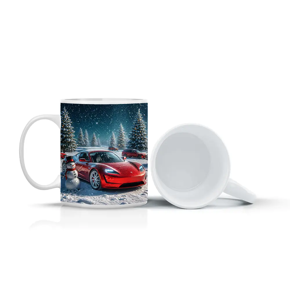 Tesla Roadster Red Car Winter Snow Scene – Mugs