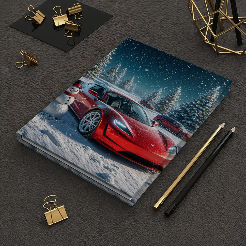 Tesla Roadster Red Car Winter Snow Scene – Notebooks