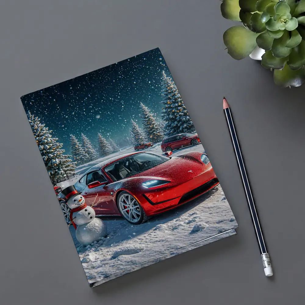 Tesla Roadster Red Car Winter Snow Scene – Notebooks