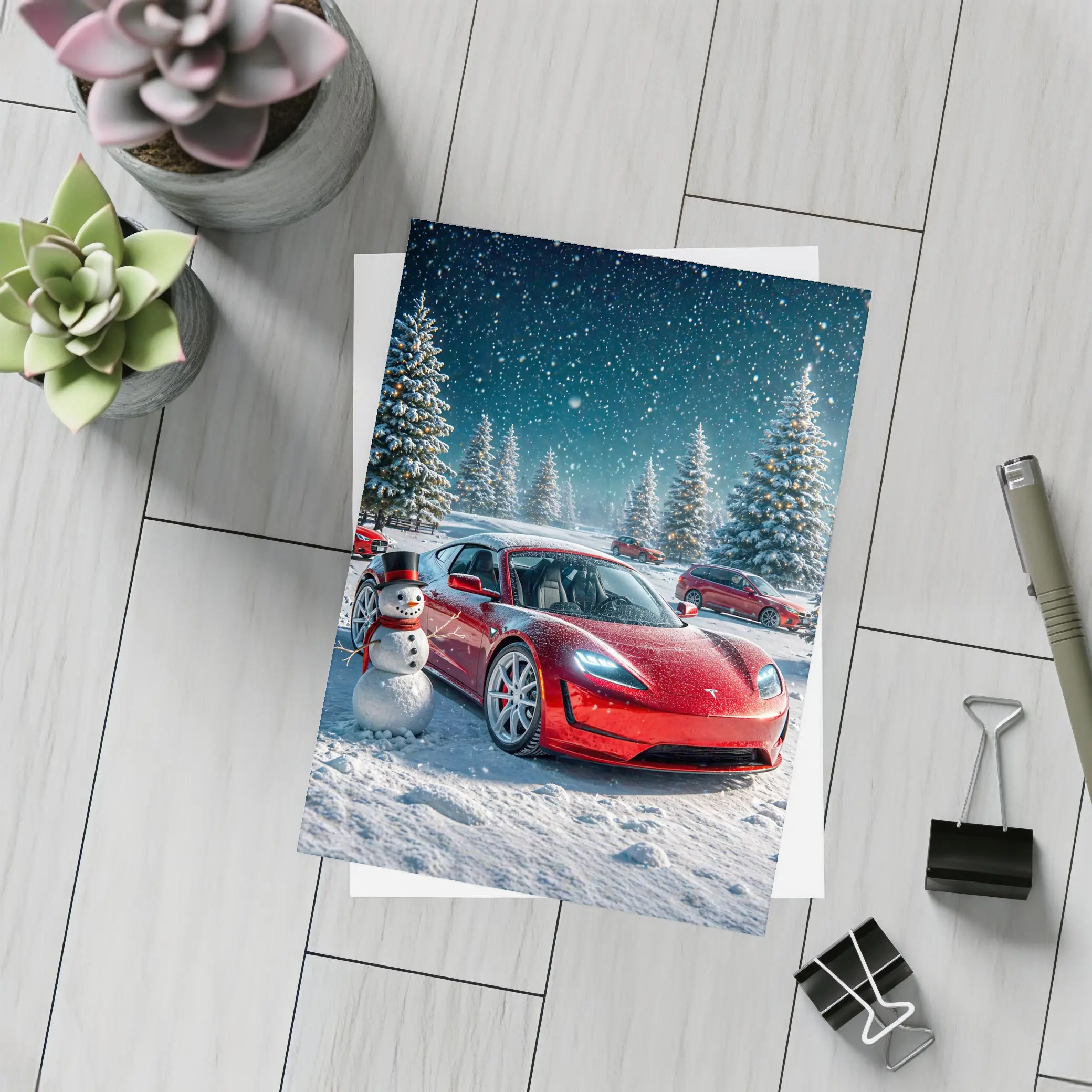 Tesla Roadster Red Car Winter Snow Scene – Postcards