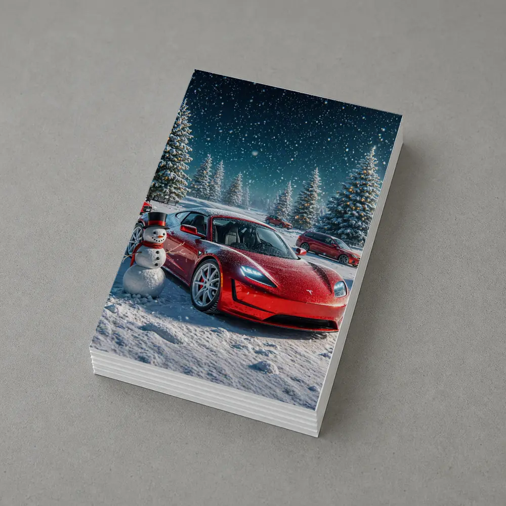 Tesla Roadster Red Car Winter Snow Scene – Postcards