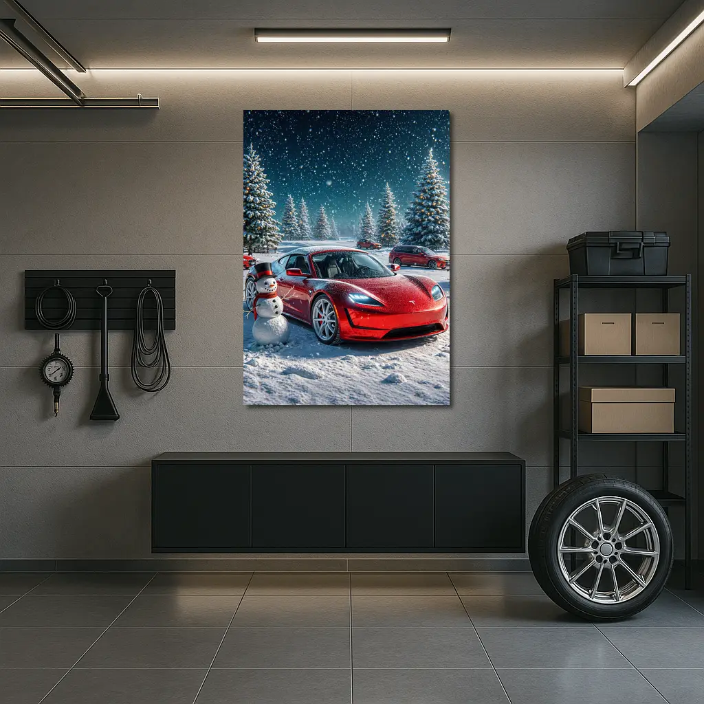Tesla Roadster Red Car Winter Snow Scene – Wall Art