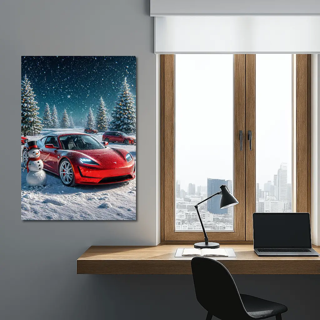Tesla Roadster Red Car Winter Snow Scene – Wall Art