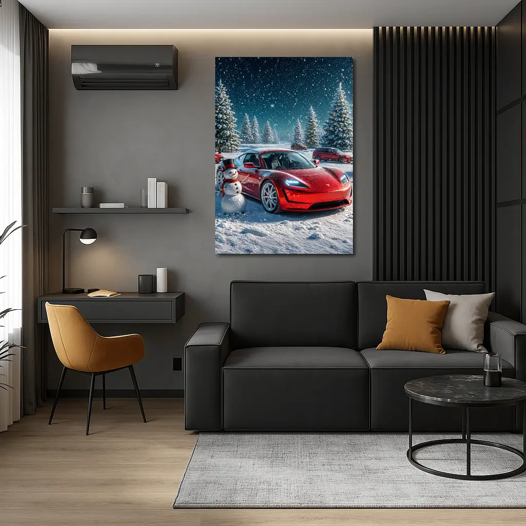 Tesla Roadster Red Car Winter Snow Scene – Wall Art
