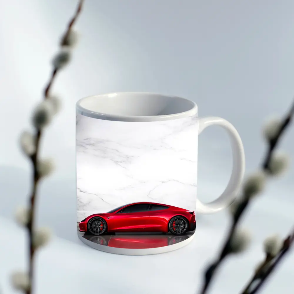 Tesla Roadster Red Car Marble Wall – Mugs