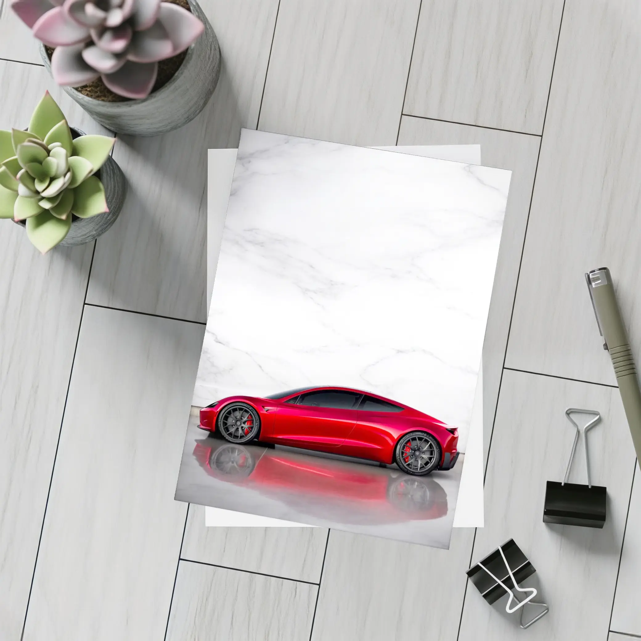 Tesla Roadster Red Car Marble Wall – Postcards