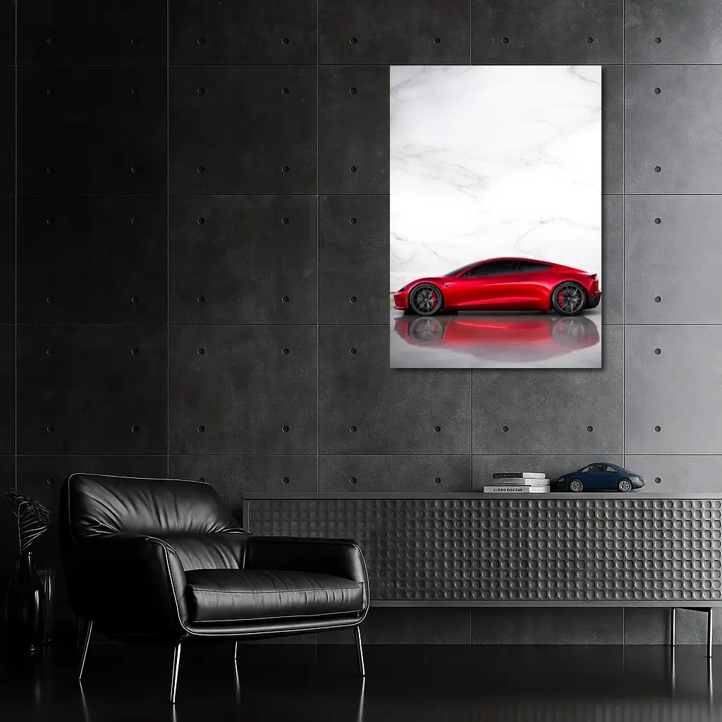 Tesla Roadster Red Car Marble Wall – Wall Art