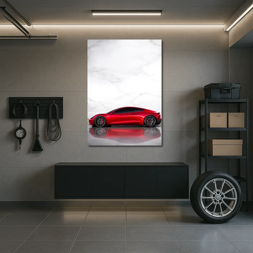 Tesla Roadster Red Car Marble Wall – Wall Art