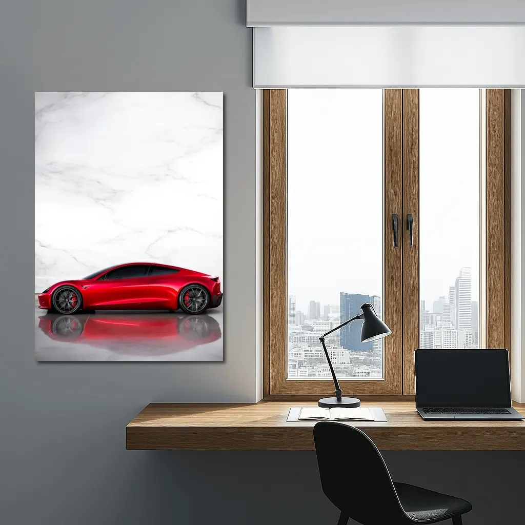 Tesla Roadster Red Car Marble Wall – Wall Art