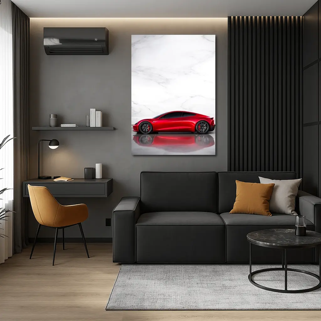 Tesla Roadster Red Car Marble Wall – Wall Art