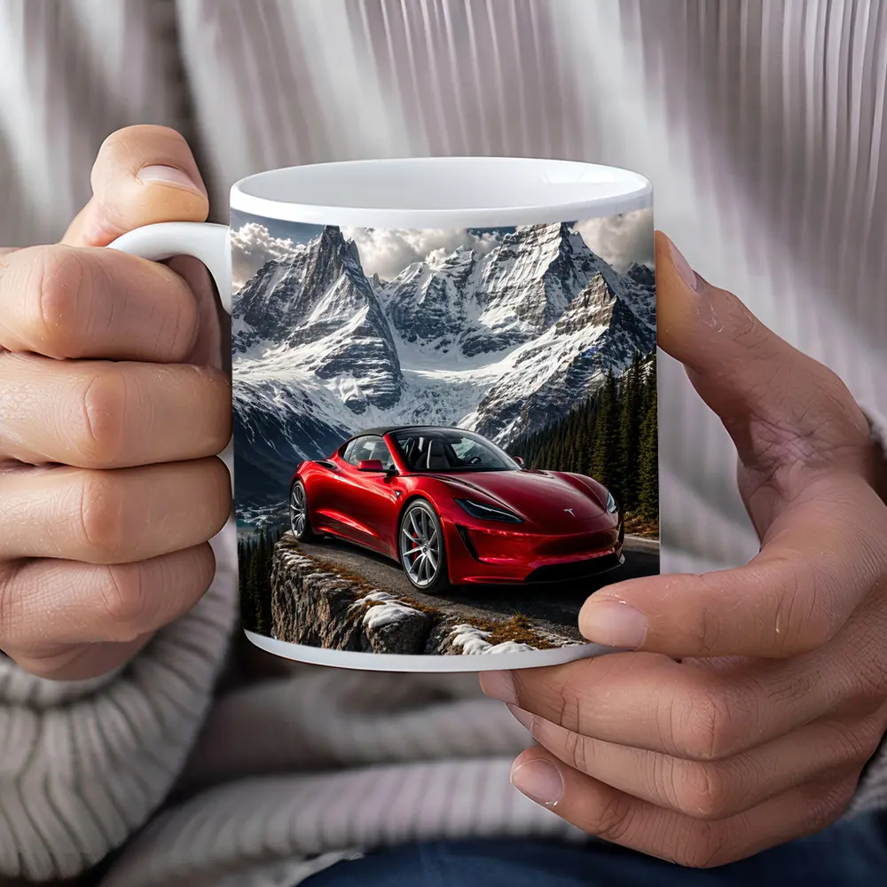 Tesla Roadster Red Car Snowy Mountain – Mugs