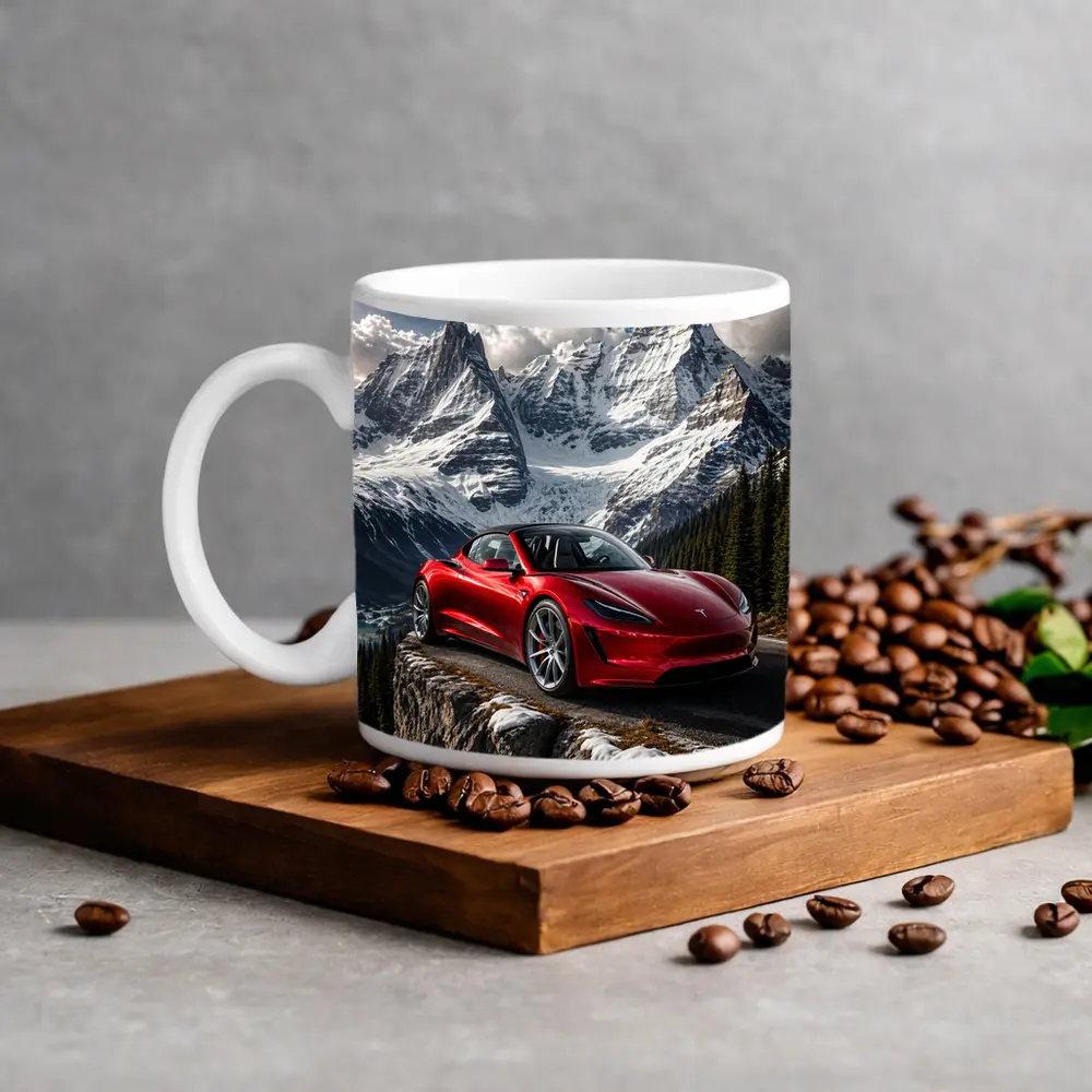 Tesla Roadster Red Car Snowy Mountain – Mugs