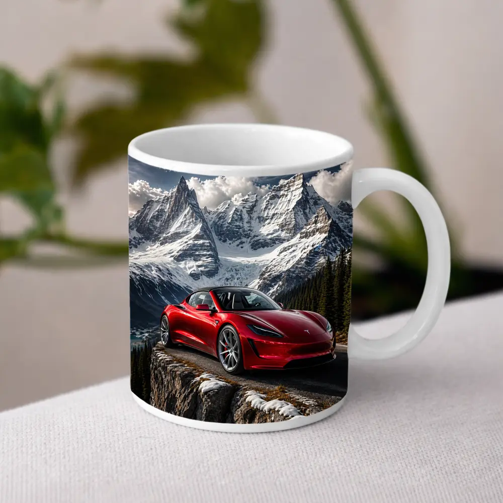 Tesla Roadster Red Car Snowy Mountain – Mugs