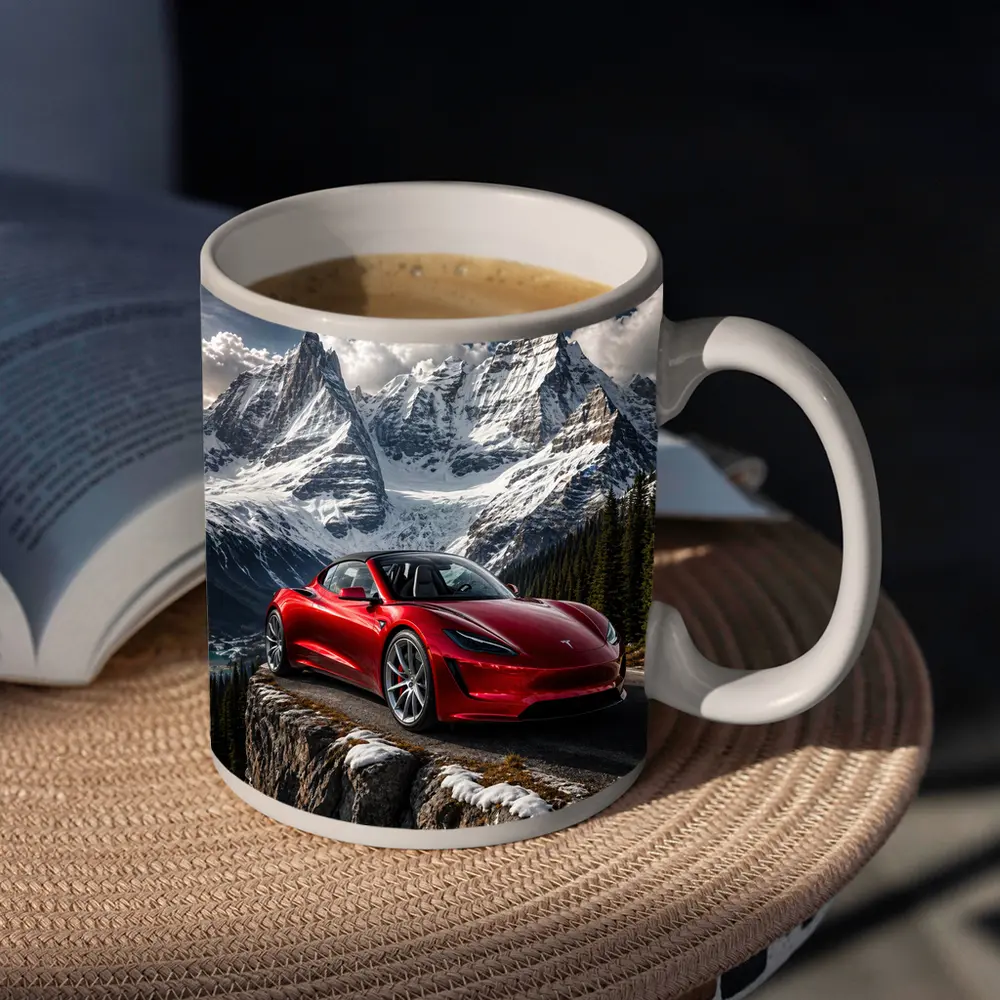 Tesla Roadster Red Car Snowy Mountain – Mugs