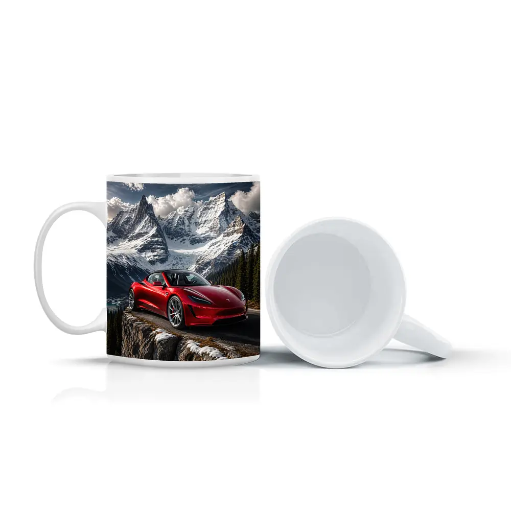 Tesla Roadster Red Car Snowy Mountain – Mugs