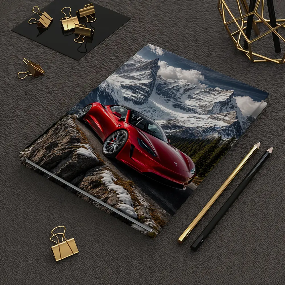 Tesla Roadster Red Car Snowy Mountain – Notebooks