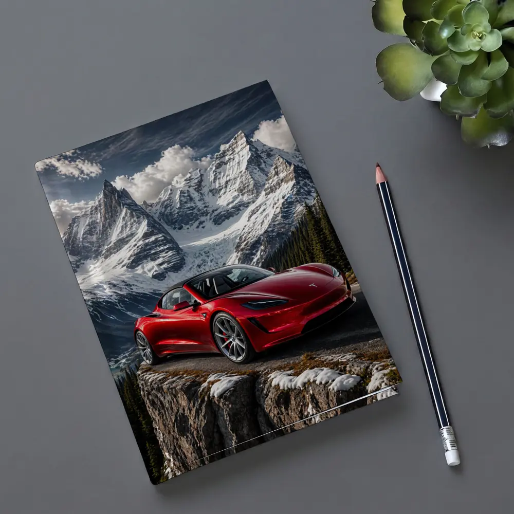 Tesla Roadster Red Car Snowy Mountain – Notebooks