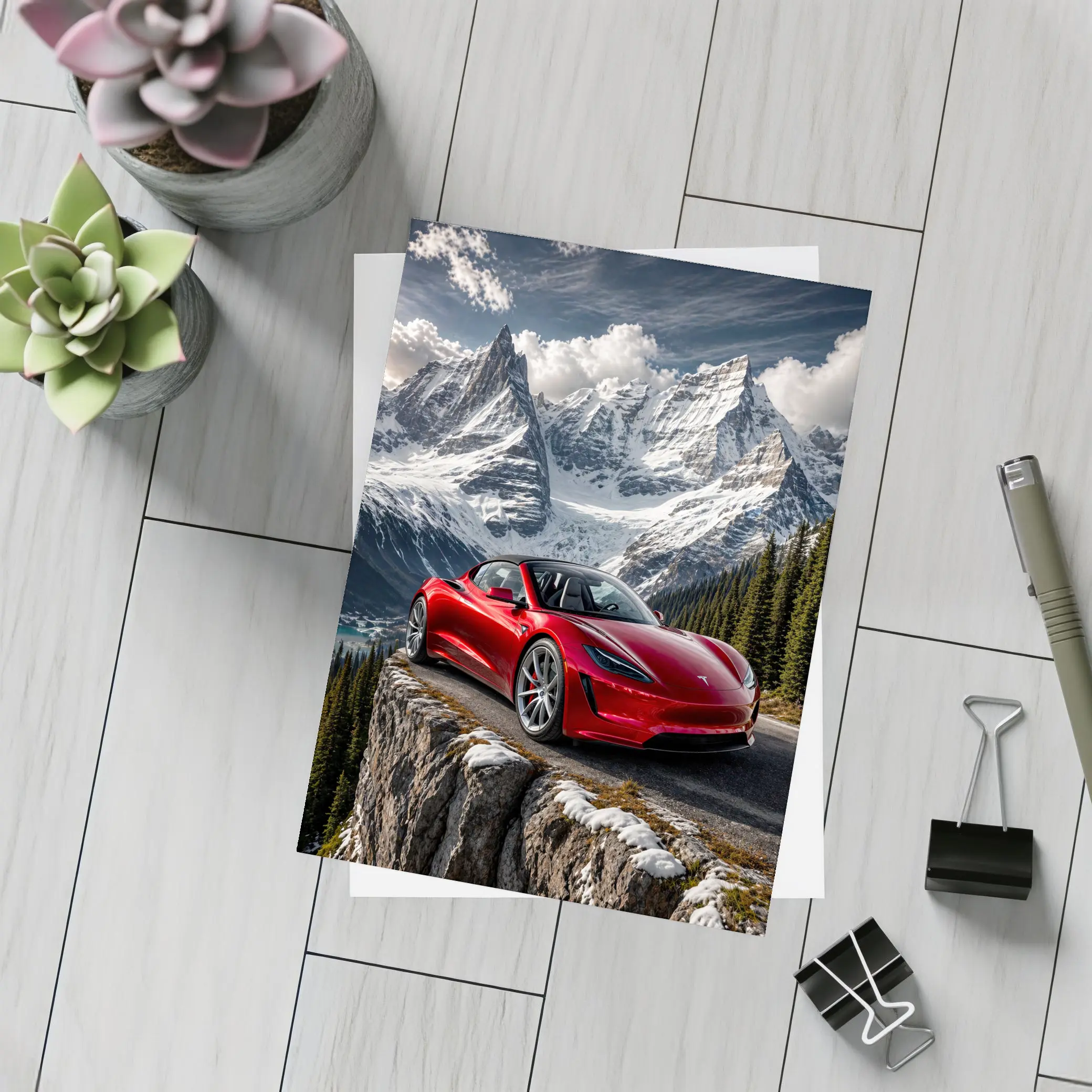 Tesla Roadster Red Car Snowy Mountain – Postcards