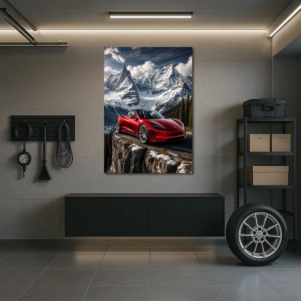 Tesla Roadster Red Car Snowy Mountain – Wall Art