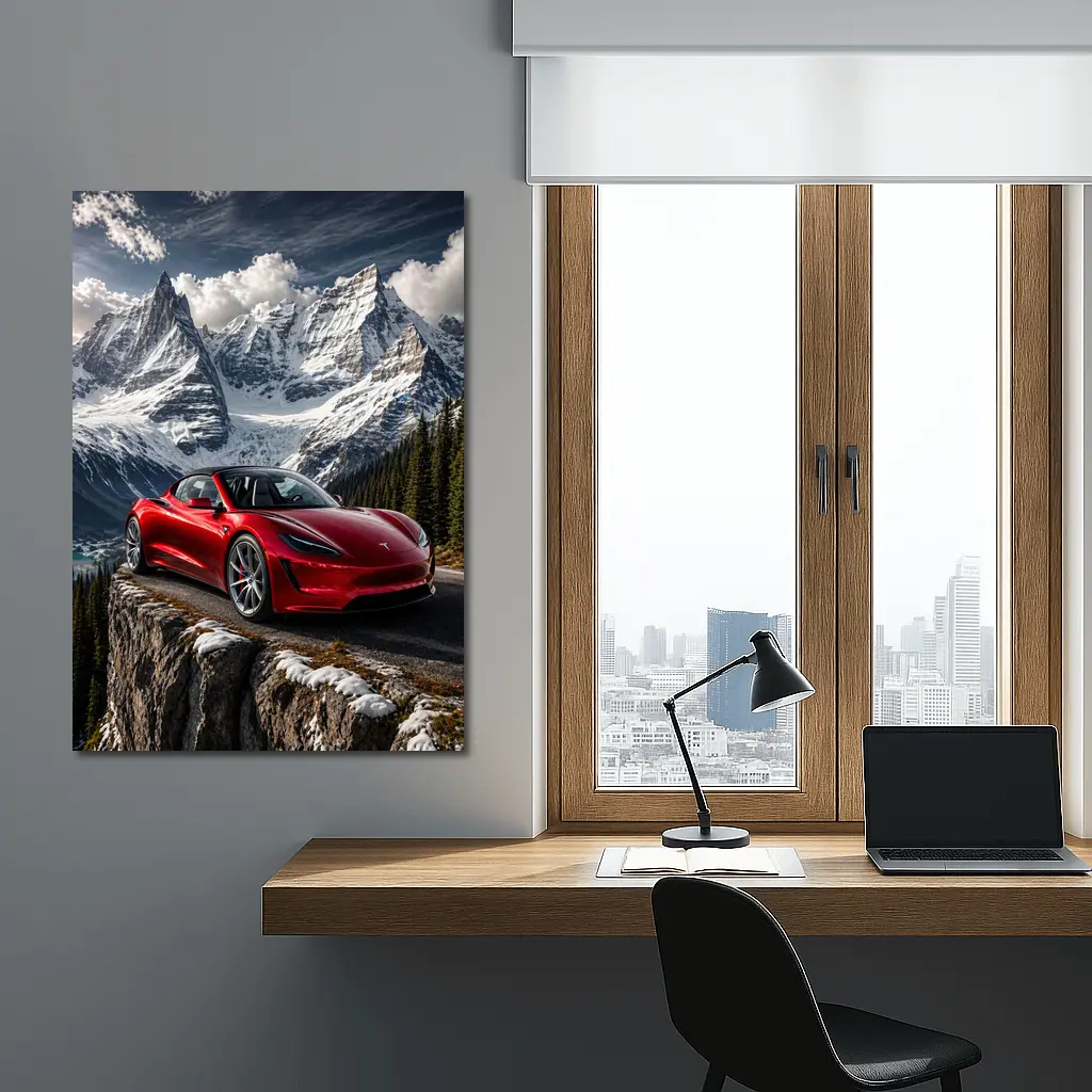 Tesla Roadster Red Car Snowy Mountain – Wall Art
