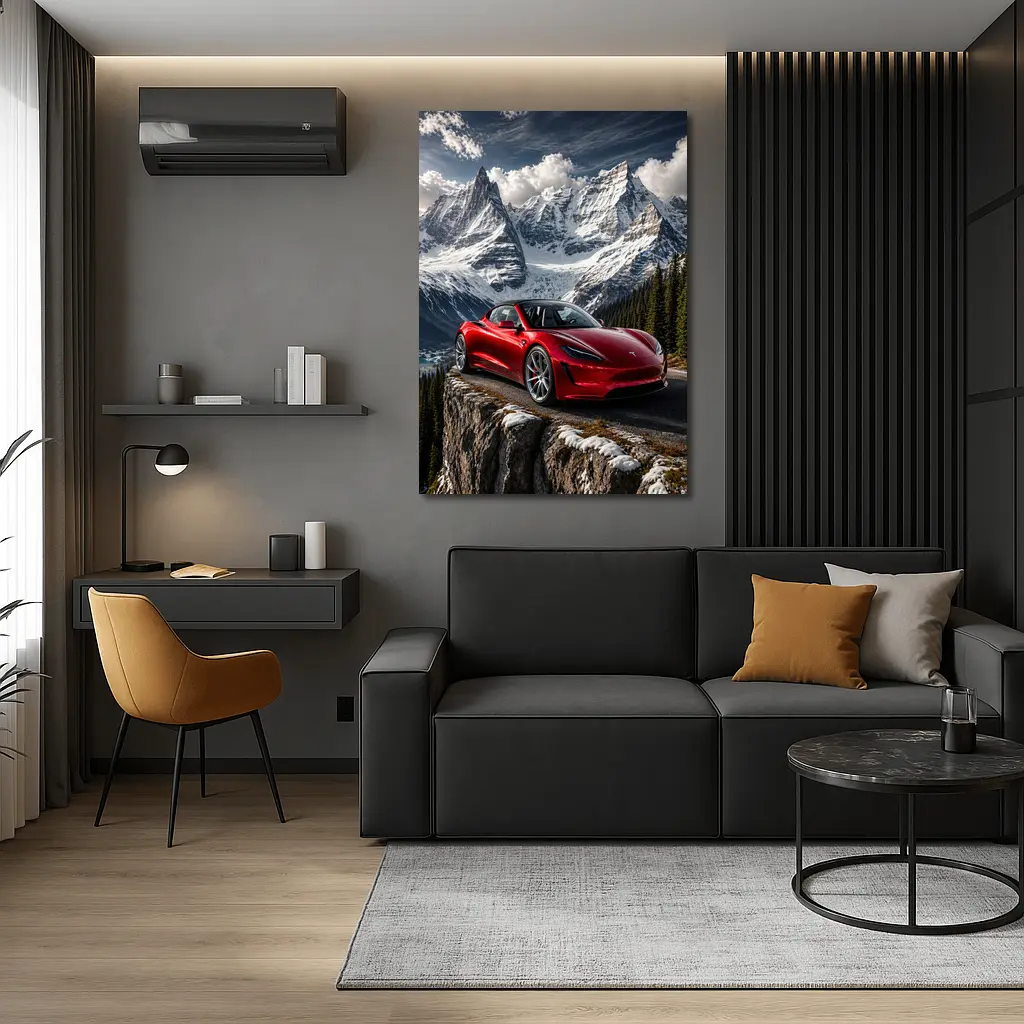 Tesla Roadster Red Car Snowy Mountain – Wall Art