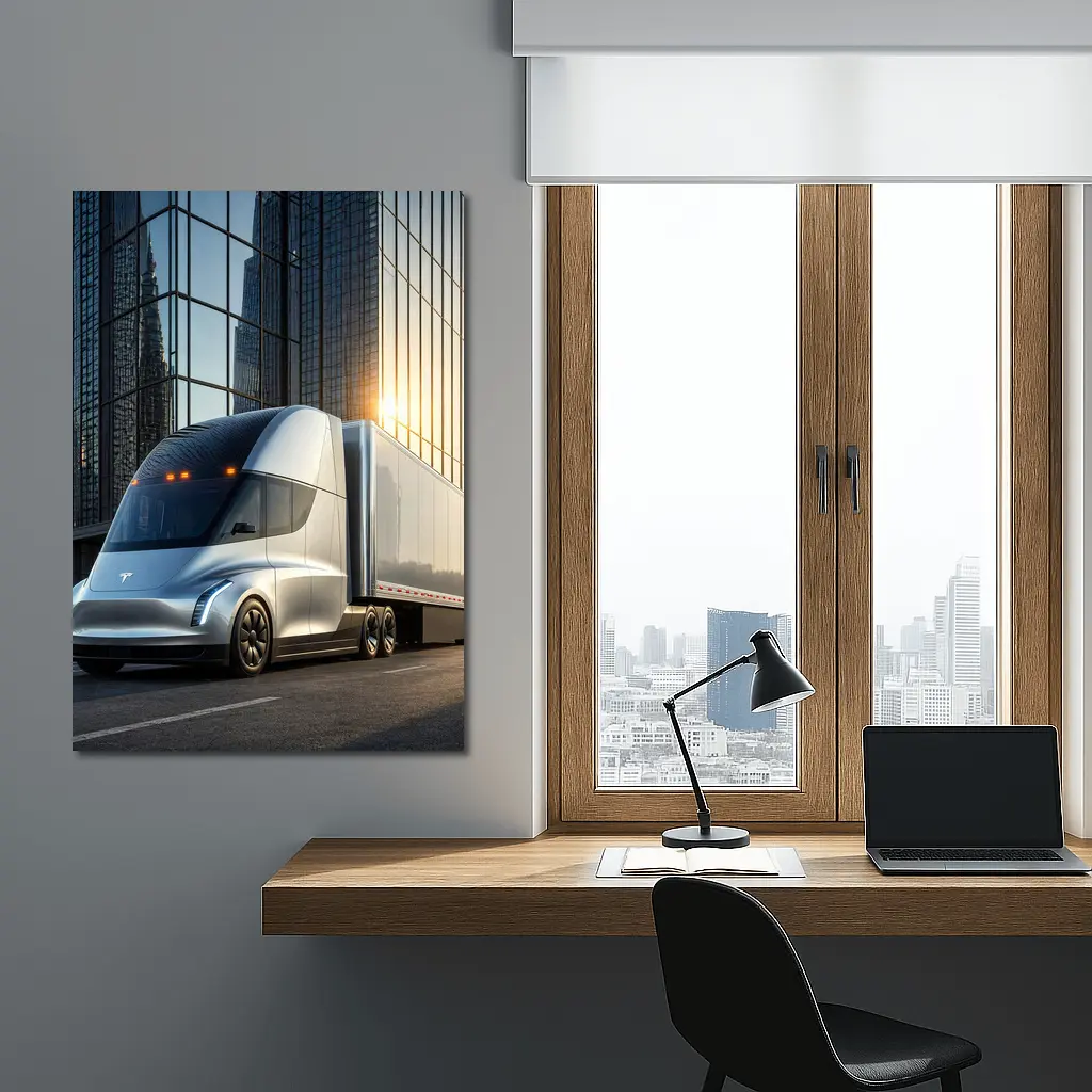 Tesla Semi Truck City Glass Buildings – Wall Art