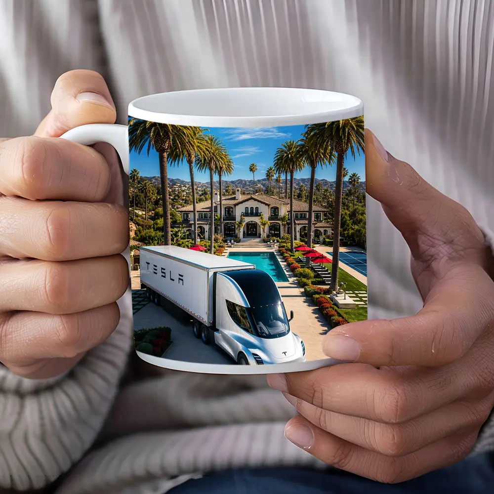 Tesla Semi Truck Luxury Mansion Palm Trees – Mugs