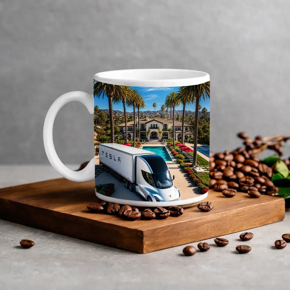 Tesla Semi Truck Luxury Mansion Palm Trees – Mugs