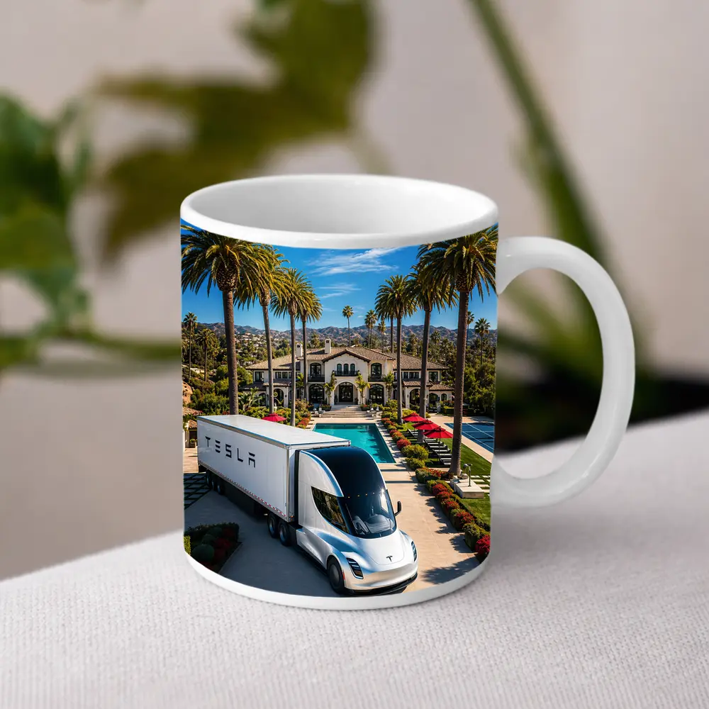 Tesla Semi Truck Luxury Mansion Palm Trees – Mugs