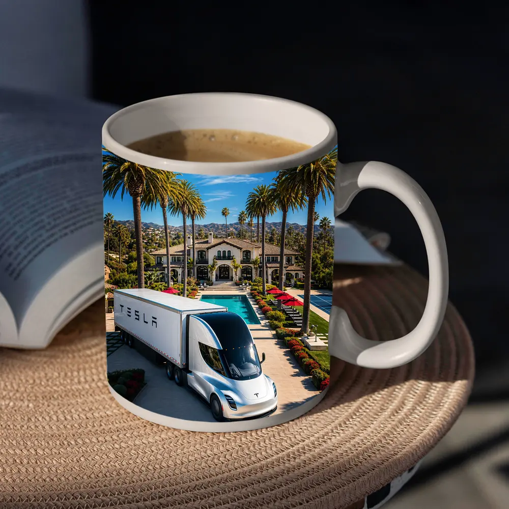 Tesla Semi Truck Luxury Mansion Palm Trees – Mugs