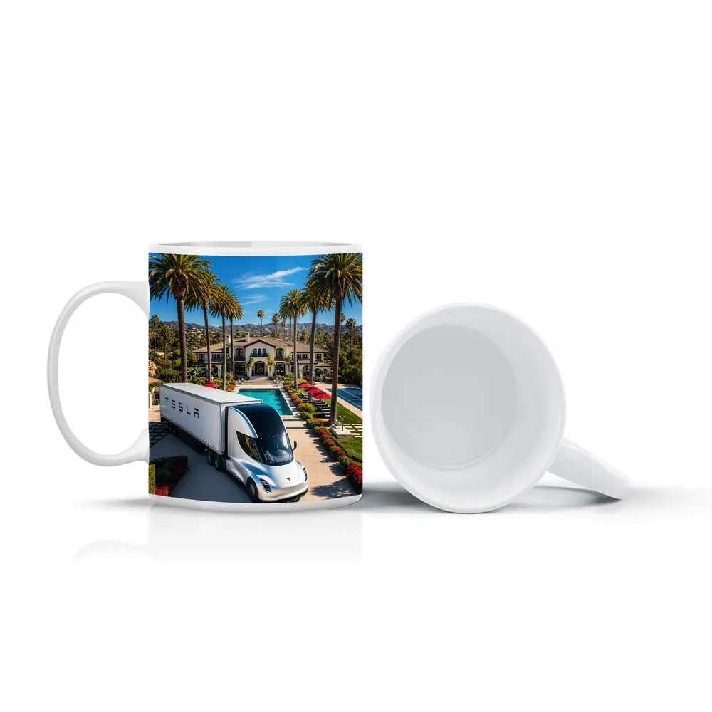 Tesla Semi Truck Luxury Mansion Palm Trees – Mugs