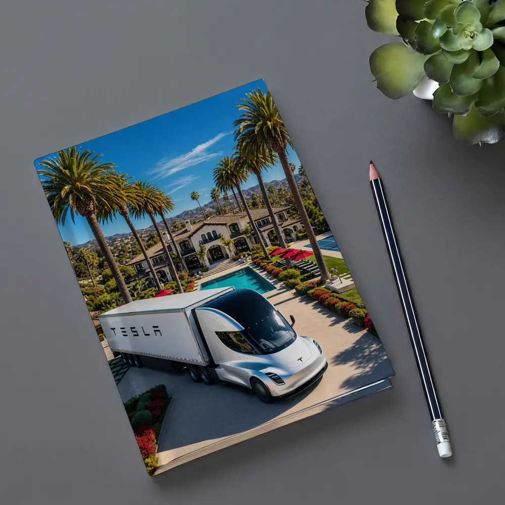 Tesla Semi Truck Luxury Mansion Palm Trees – Notebooks