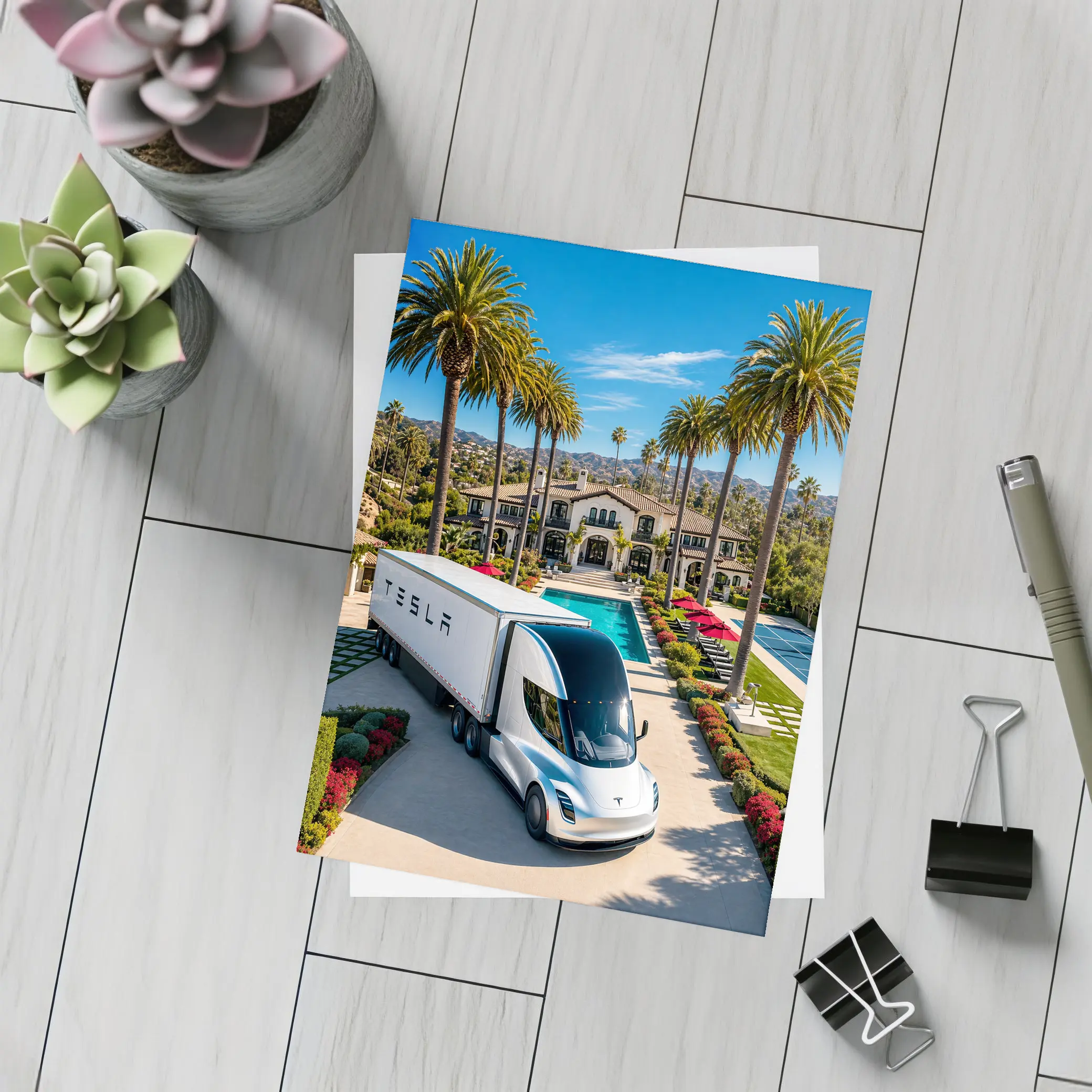 Tesla Semi Truck Luxury Mansion Palm Trees – Postcards