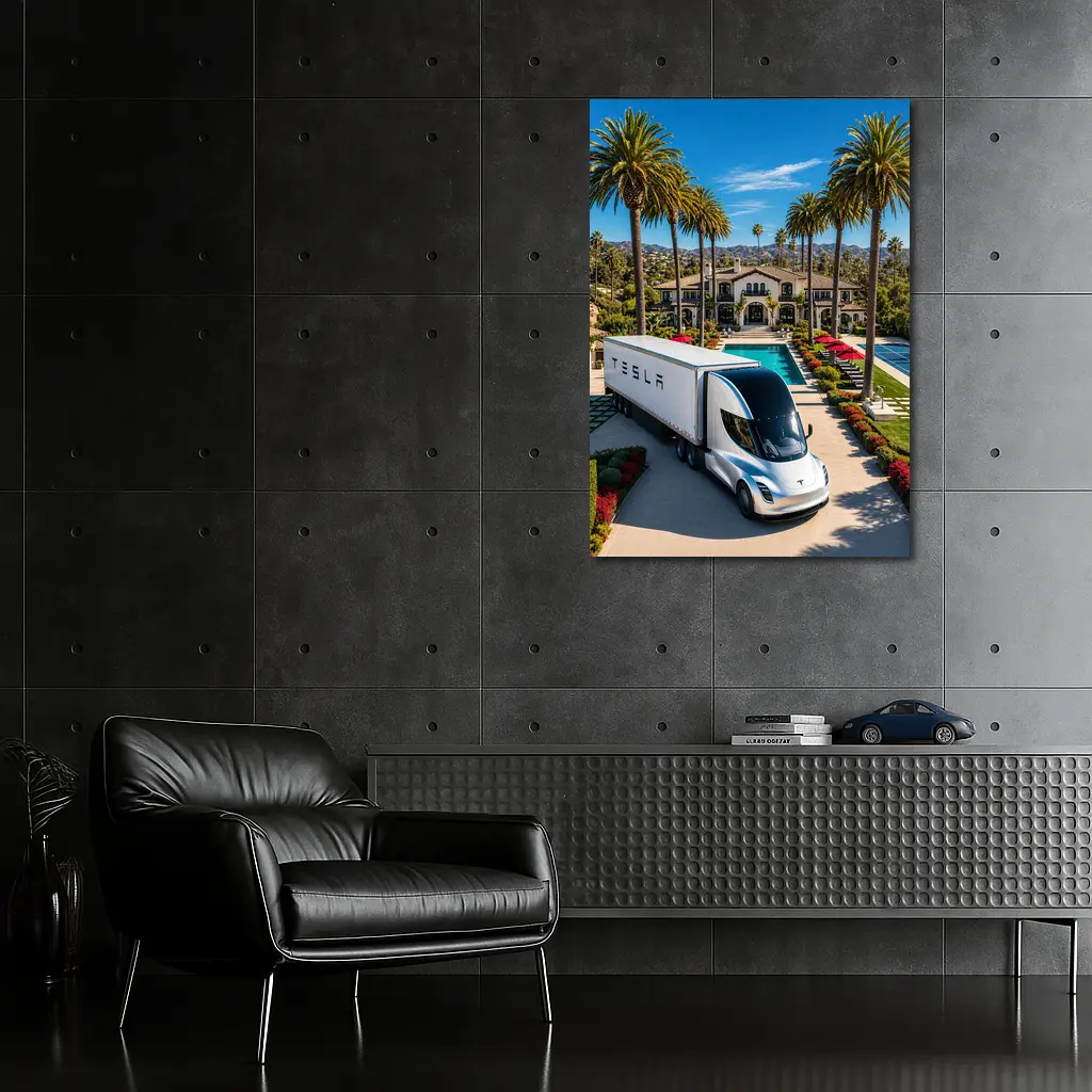 Tesla Semi Truck Luxury Mansion Palm Trees – Wall Art