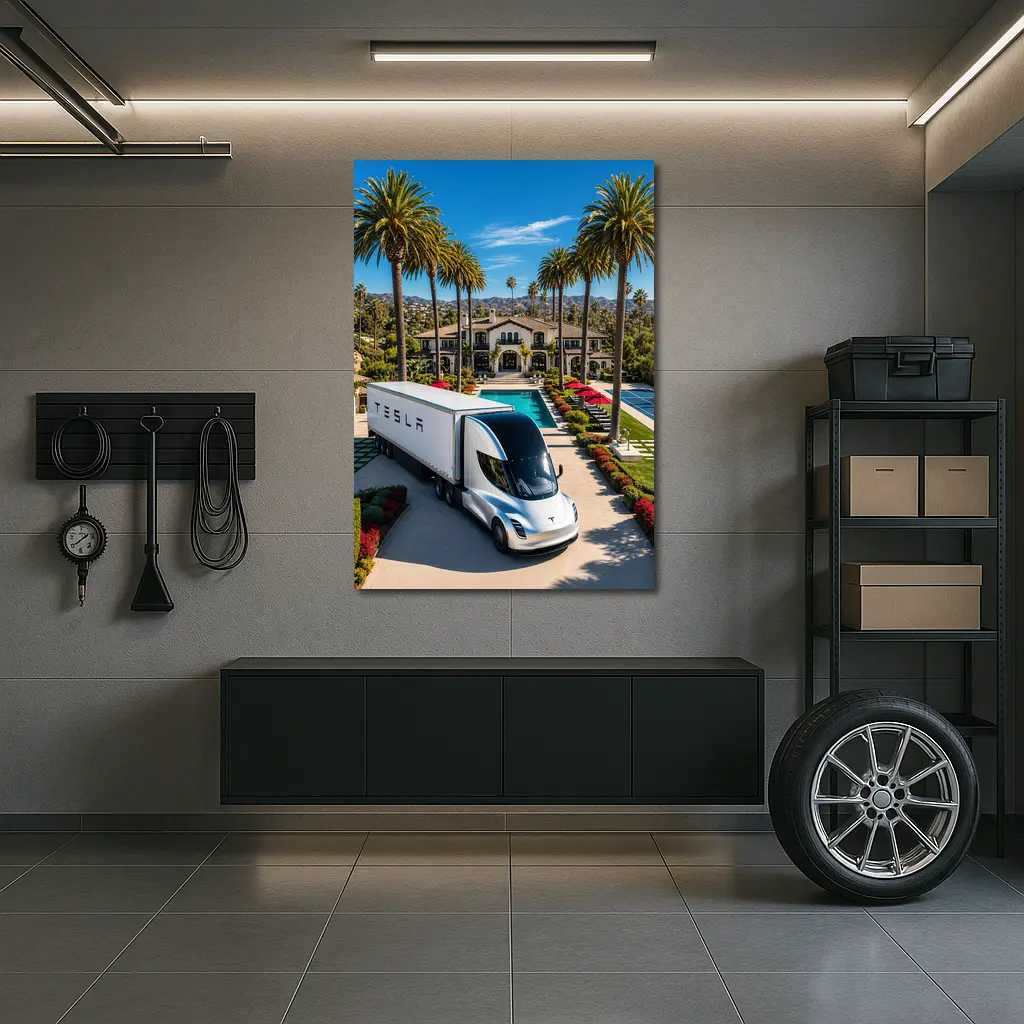 Tesla Semi Truck Luxury Mansion Palm Trees – Wall Art