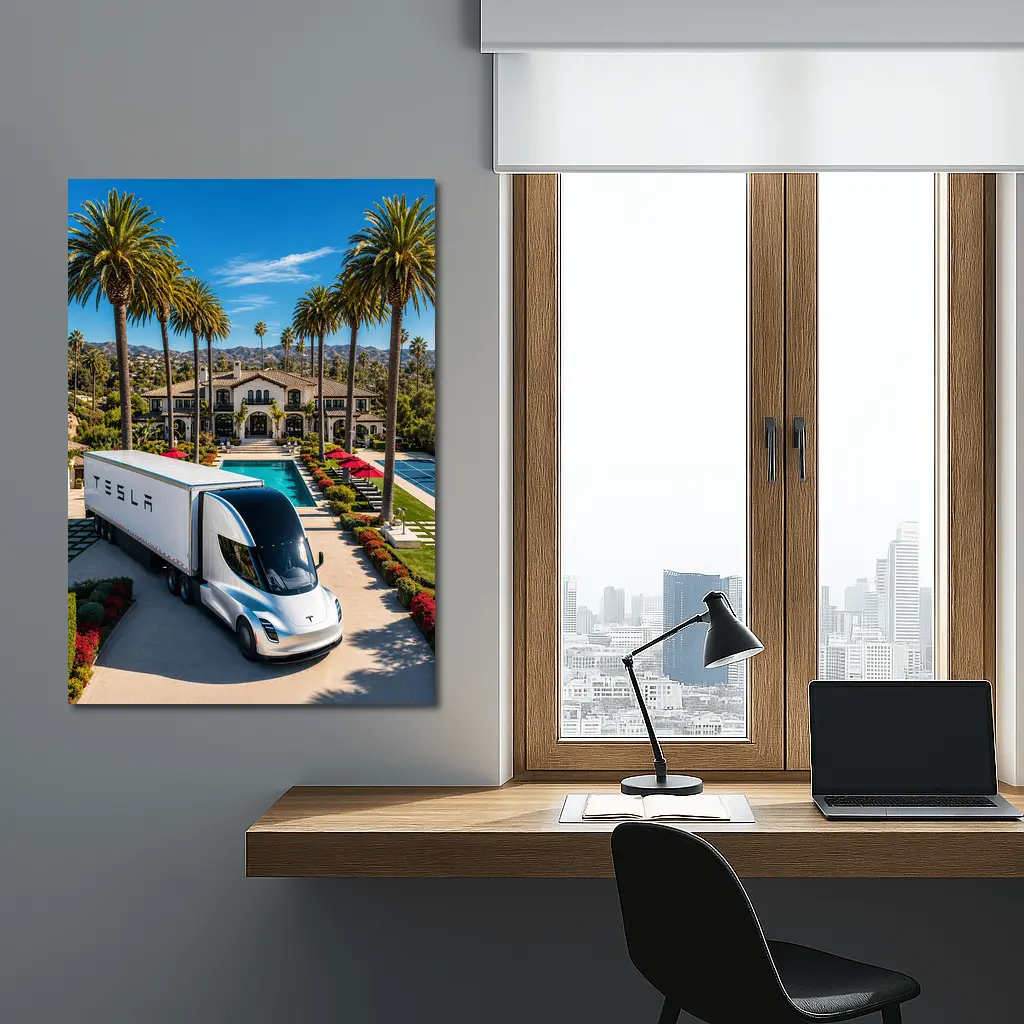 Tesla Semi Truck Luxury Mansion Palm Trees – Wall Art