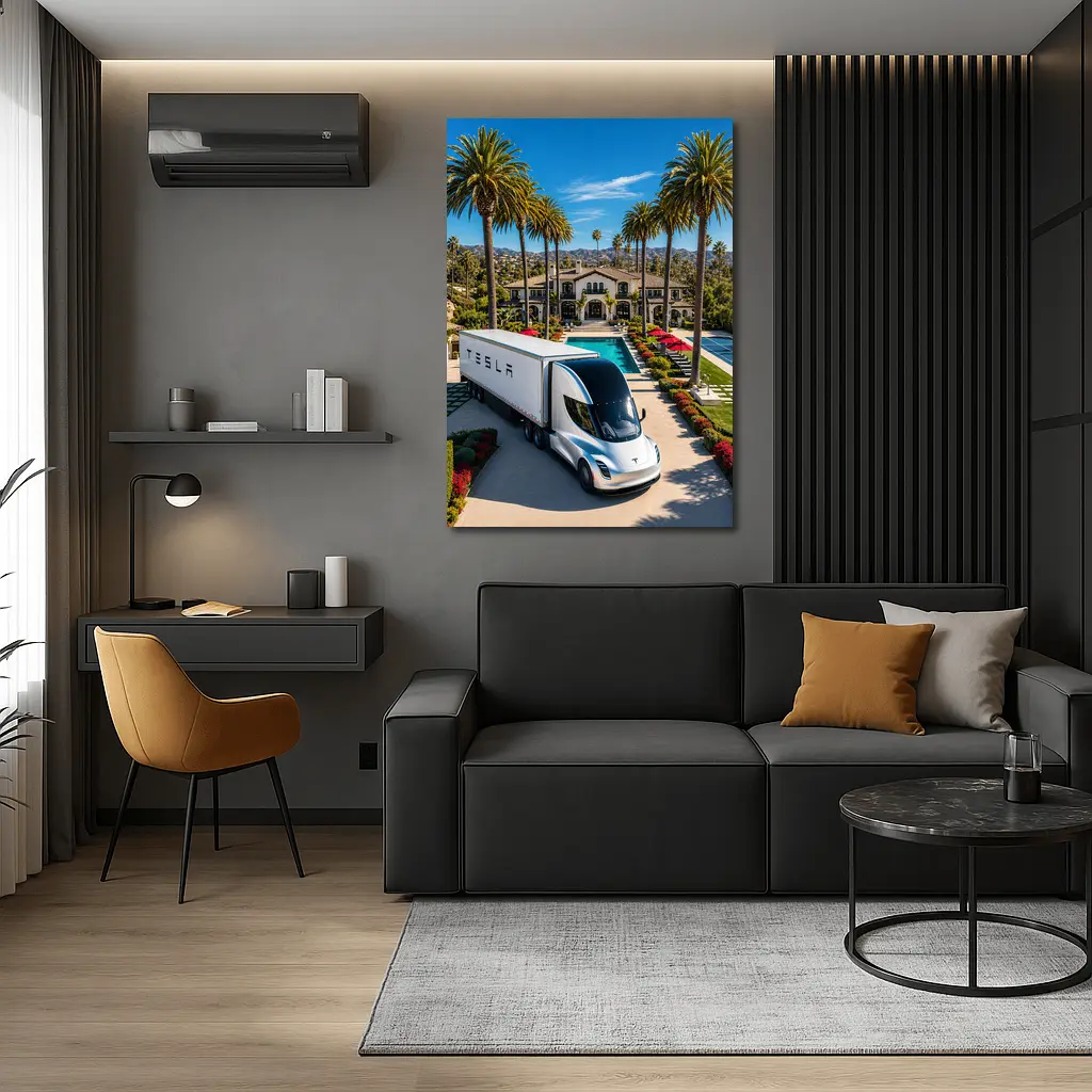 Tesla Semi Truck Luxury Mansion Palm Trees – Wall Art