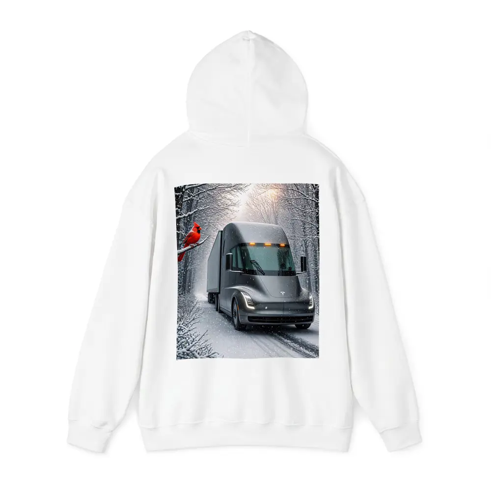 Tesla Semi Truck Driving Snowy Winter Forest – Hoodies