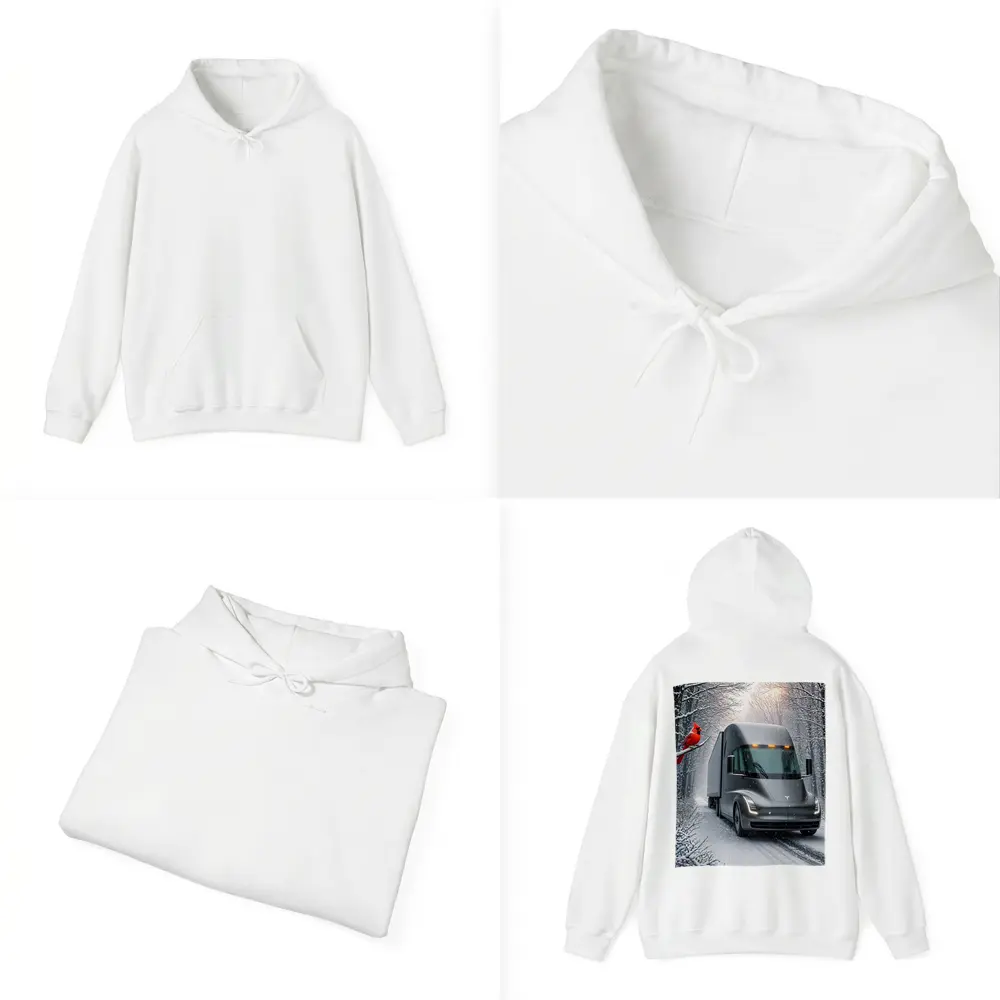 Tesla Semi Truck Driving Snowy Winter Forest – Hoodies