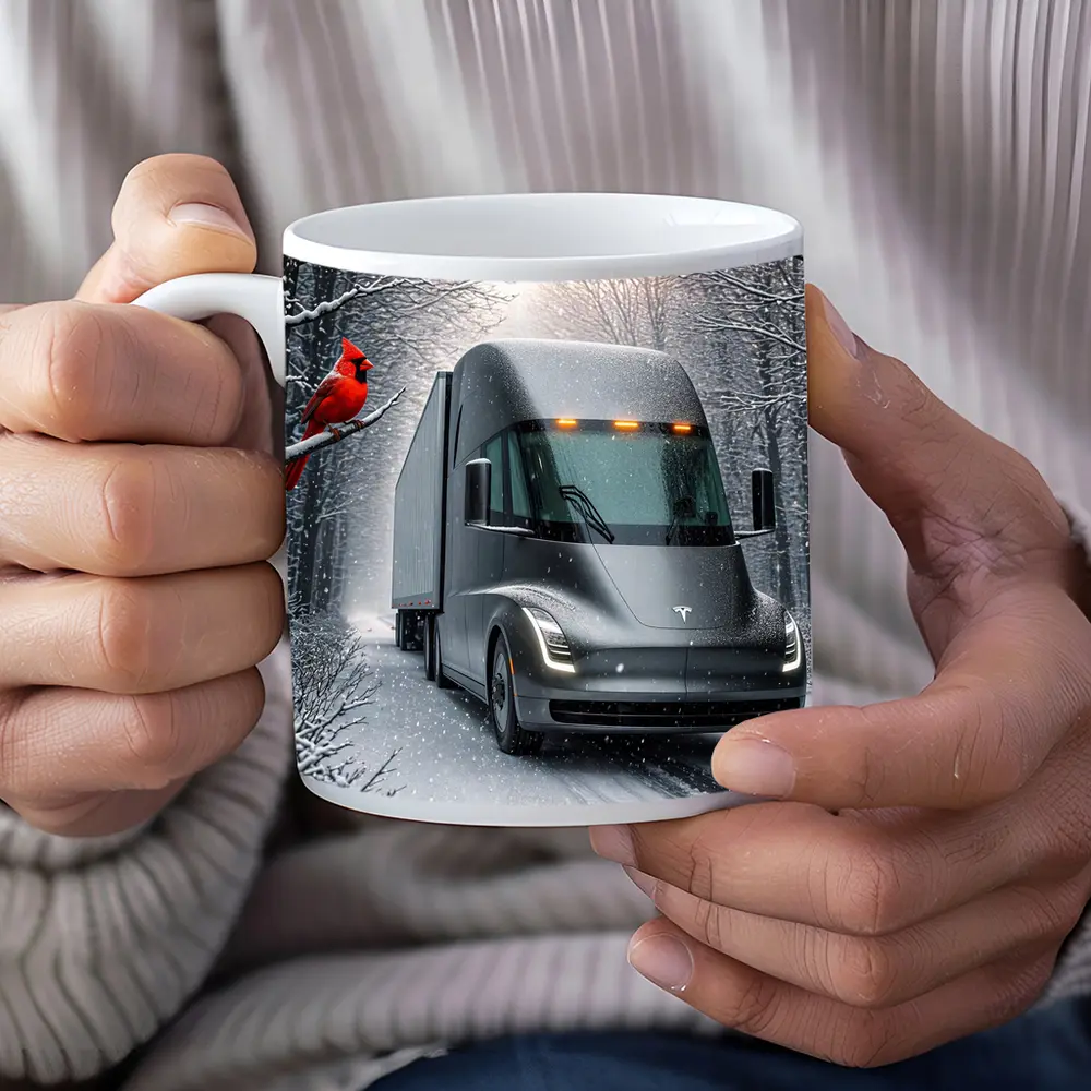 Tesla Semi Truck Driving Snowy Winter Forest – Mugs