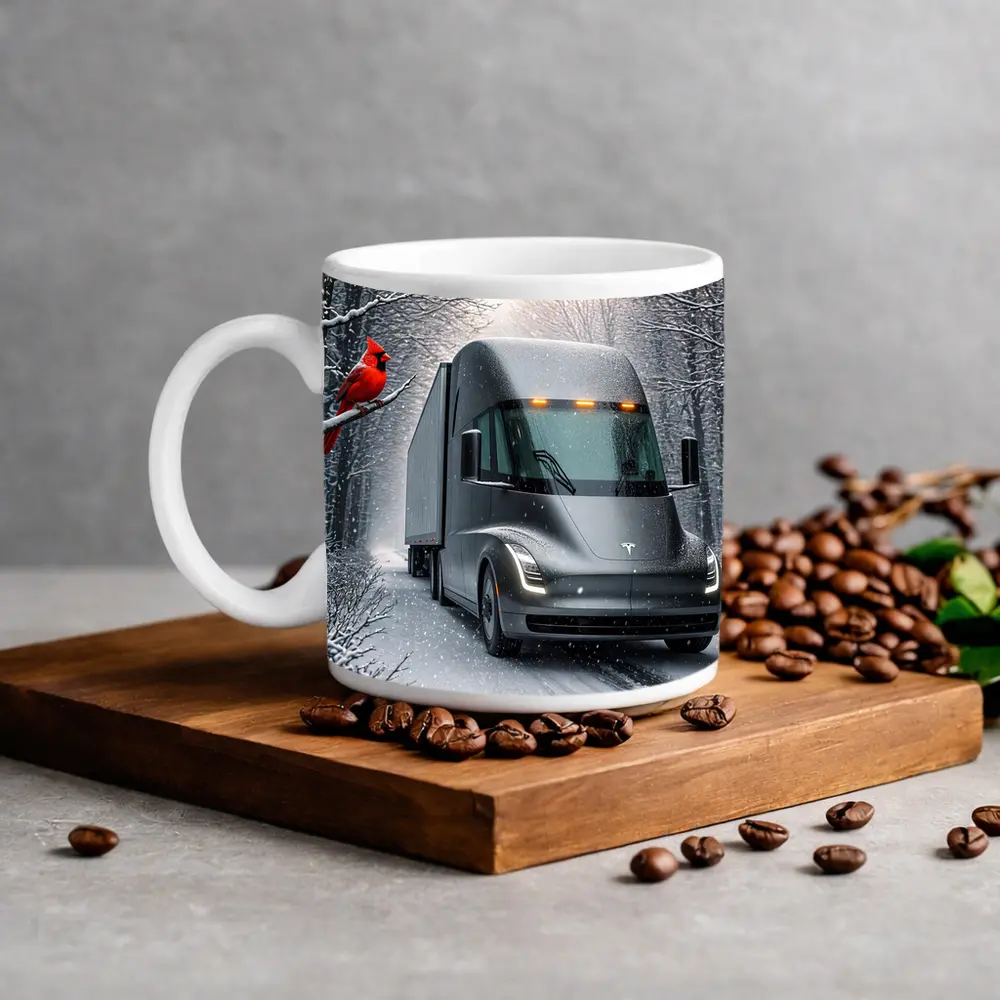 Tesla Semi Truck Driving Snowy Winter Forest – Mugs